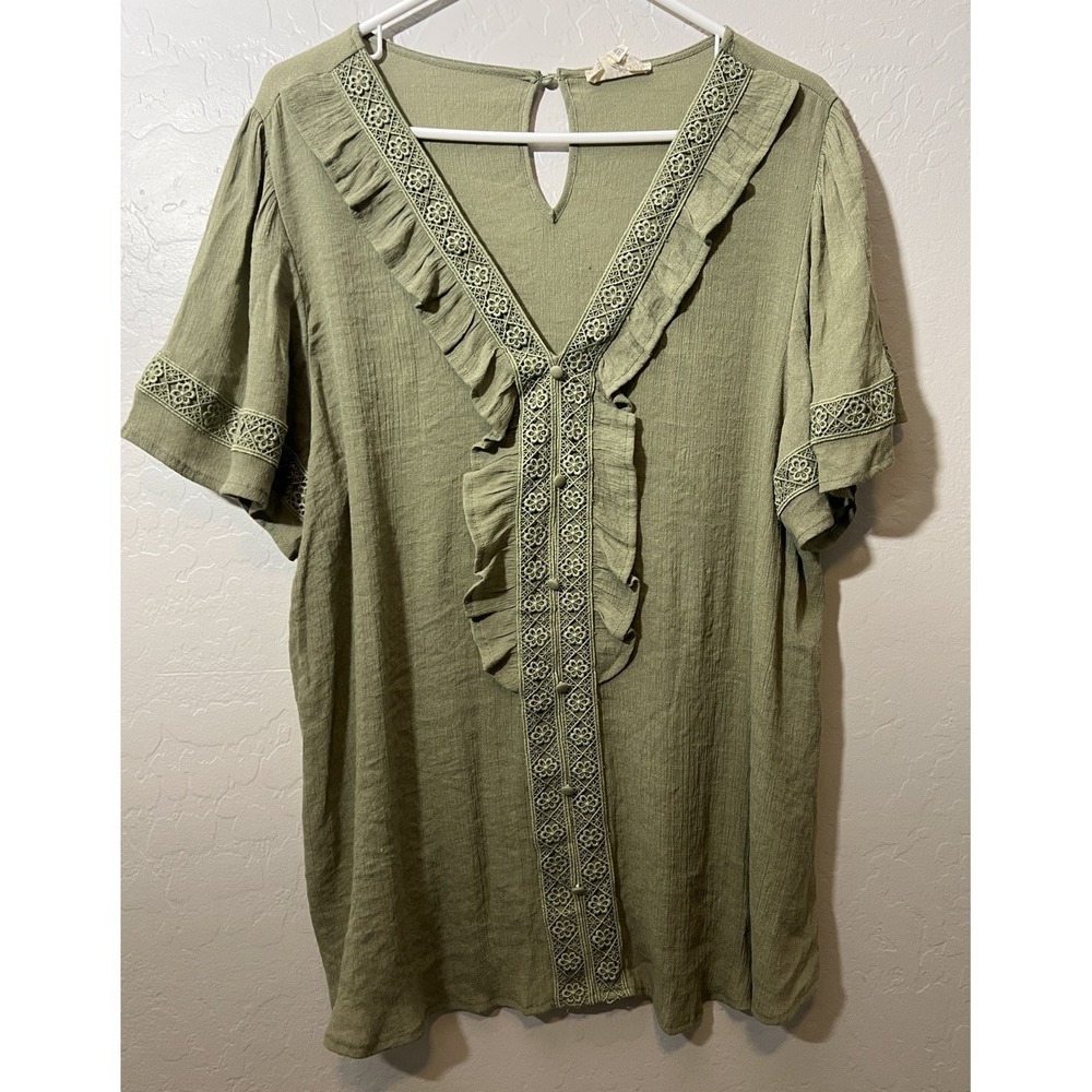 Blu Pepper Perch Womens Plus 3X Casual Top Green Flutter V Neck Boho Cottagecore